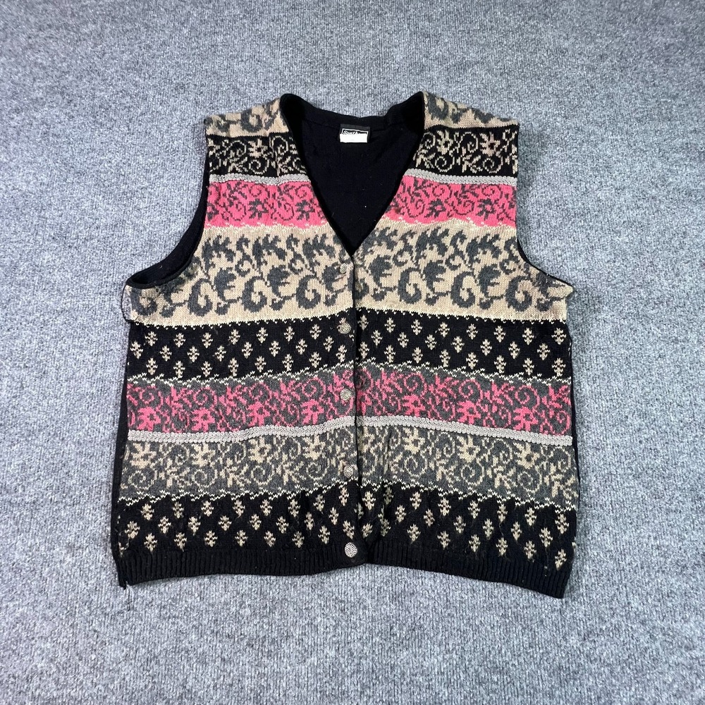 Vintage Southern Lady Cardigan Sweater Vest Womens XL Black Acrylic Geometric
